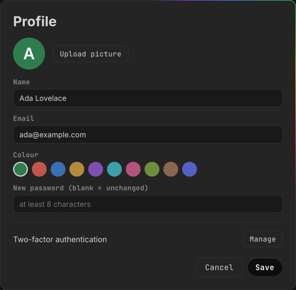 Your own account: name, colour and picture, and changing the password.