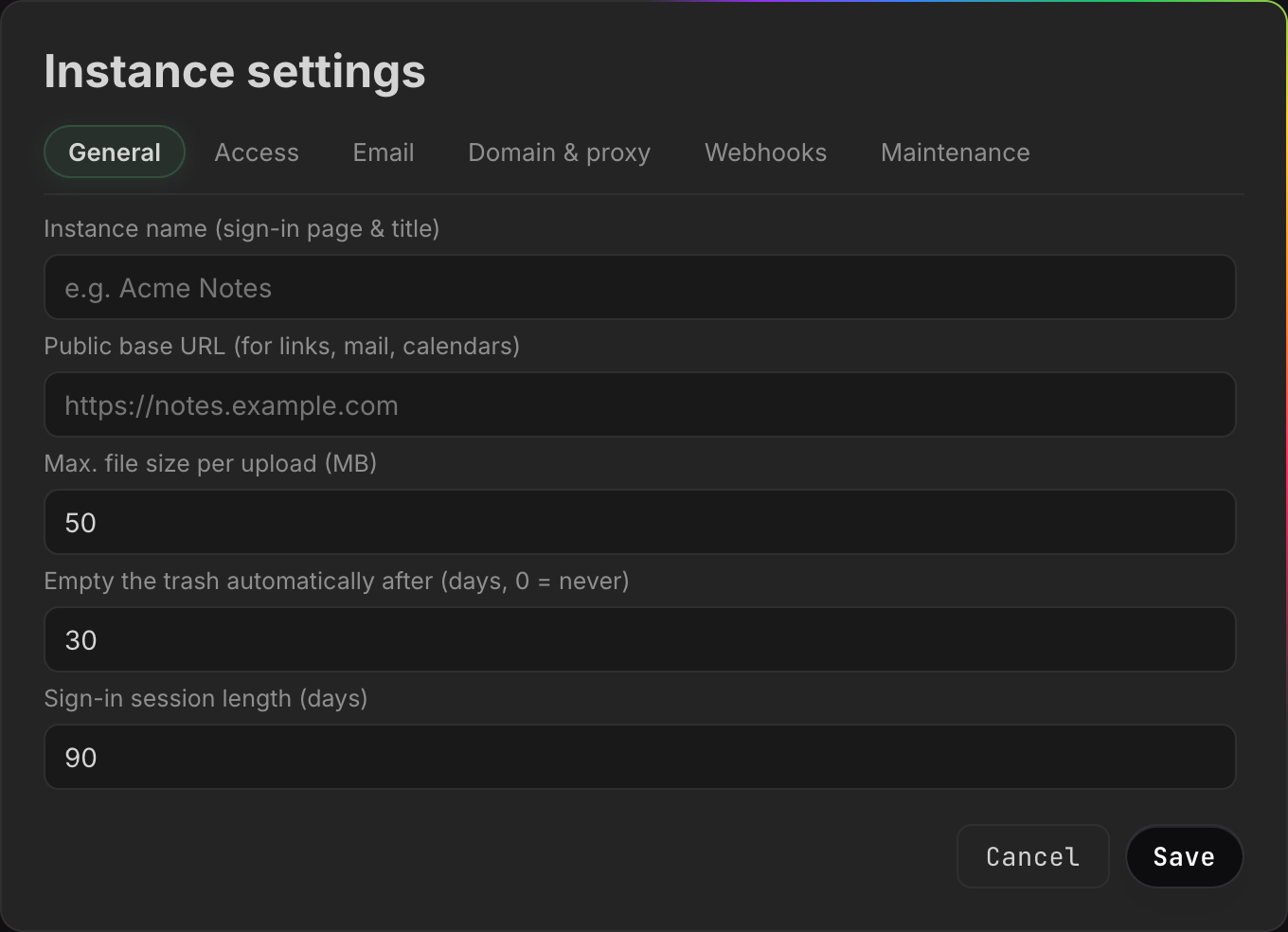 Instance settings: the name and logo everyone sees.