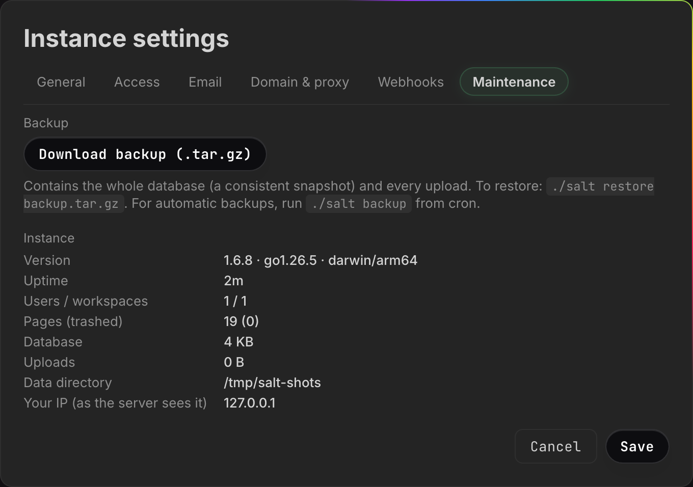 Maintenance: the database file, backups and the search index.