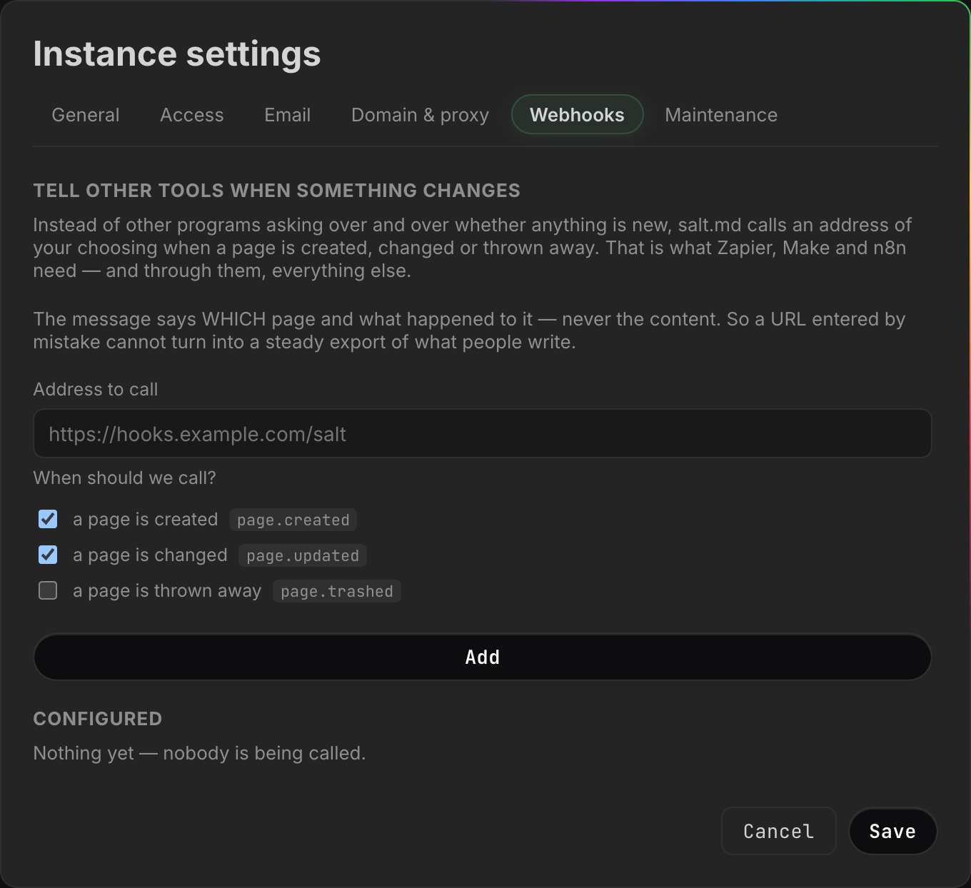 Outbound webhooks. The signing secret is shown once, when the webhook is created.