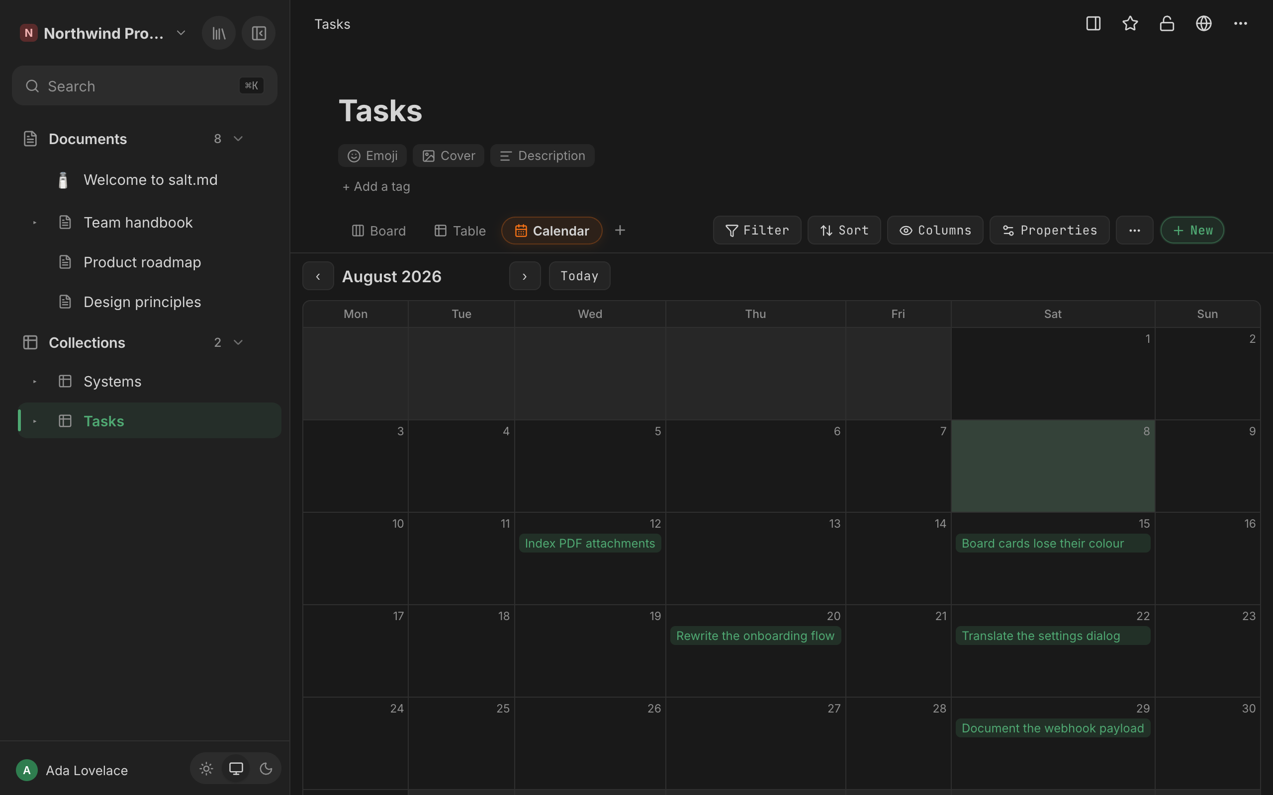 A calendar view. It needs a date property to place rows on.