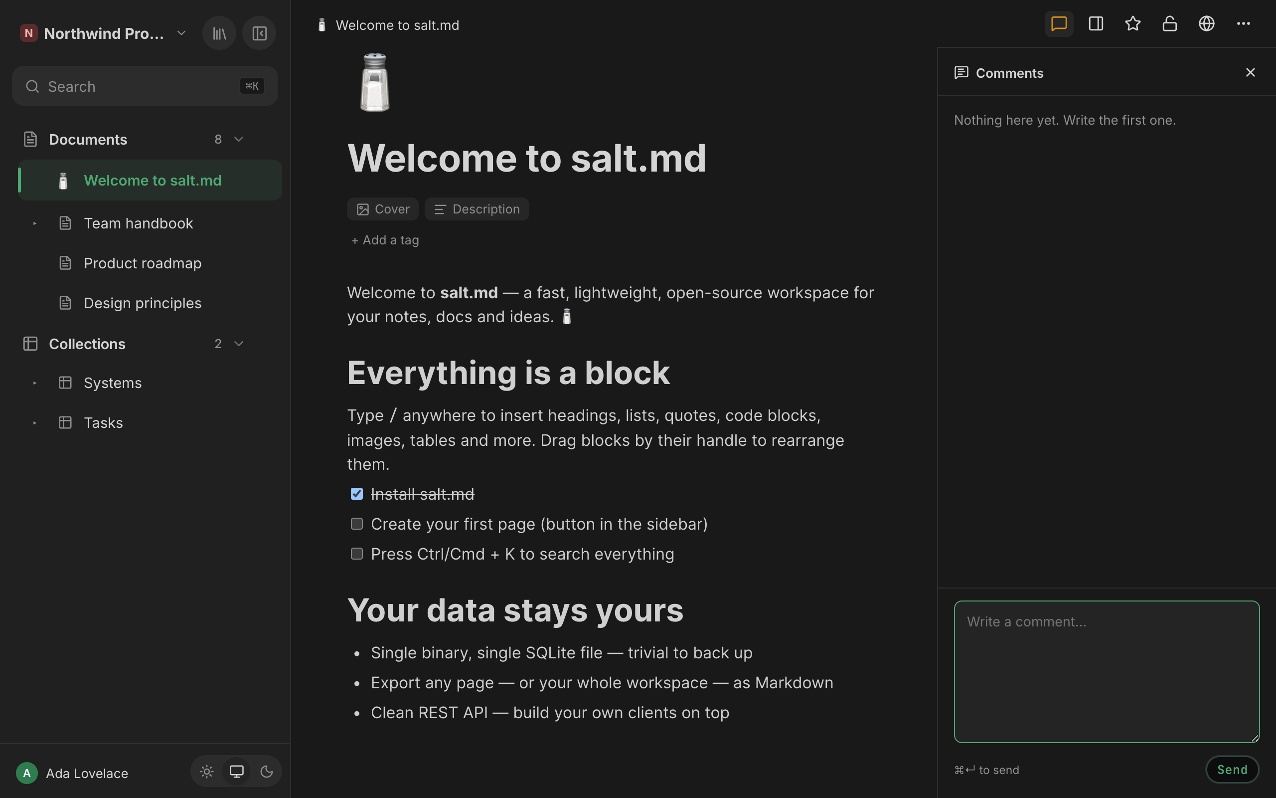 Comments stand beside the text, not under it, and can be closed when you only want to read.