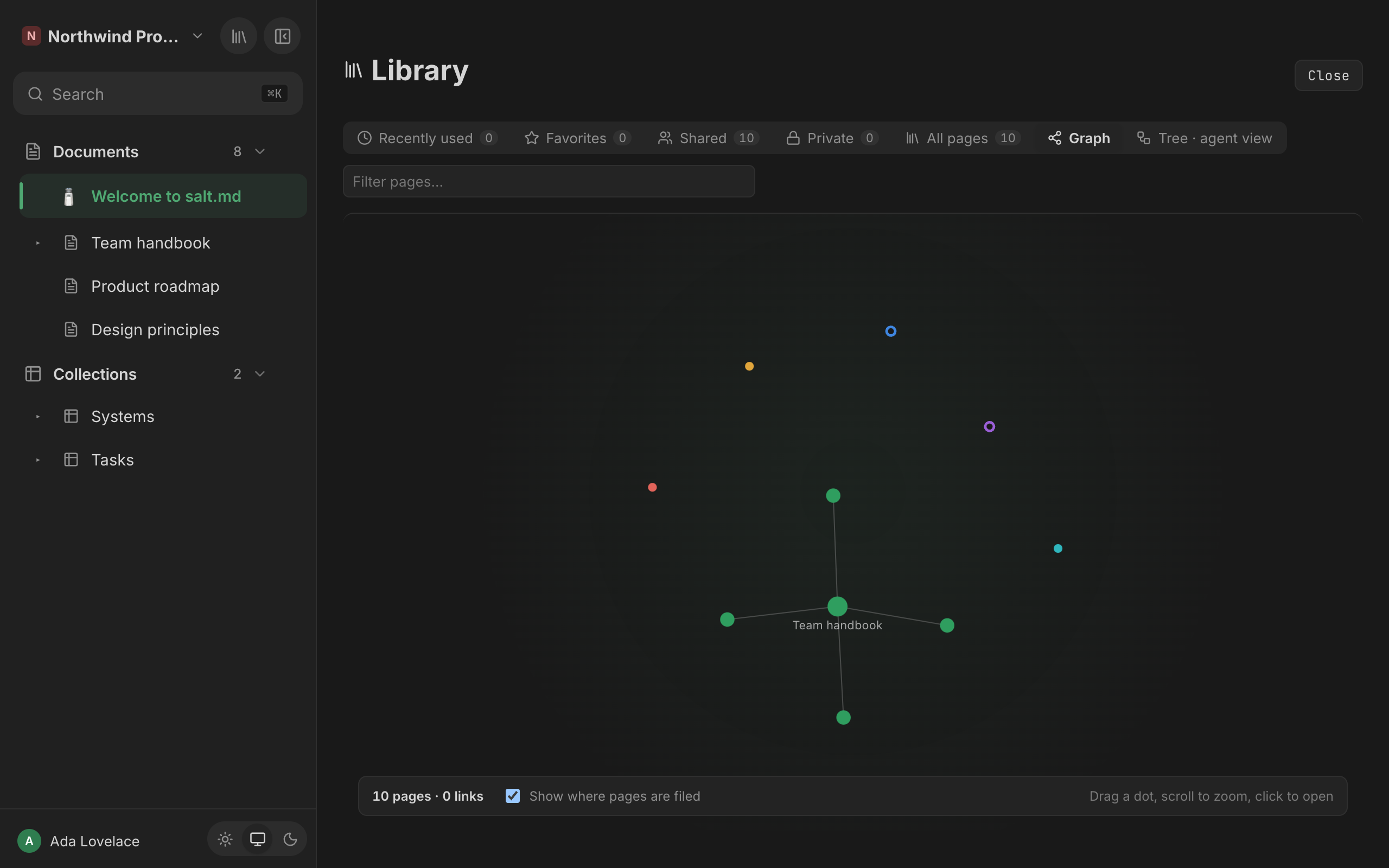 The graph: a dot per page, a thin line where a page is filed and a bright one where it mentions another.
