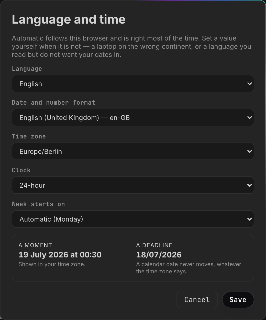 Five settings, each of which can stay automatic. They live on the account, not on the device.