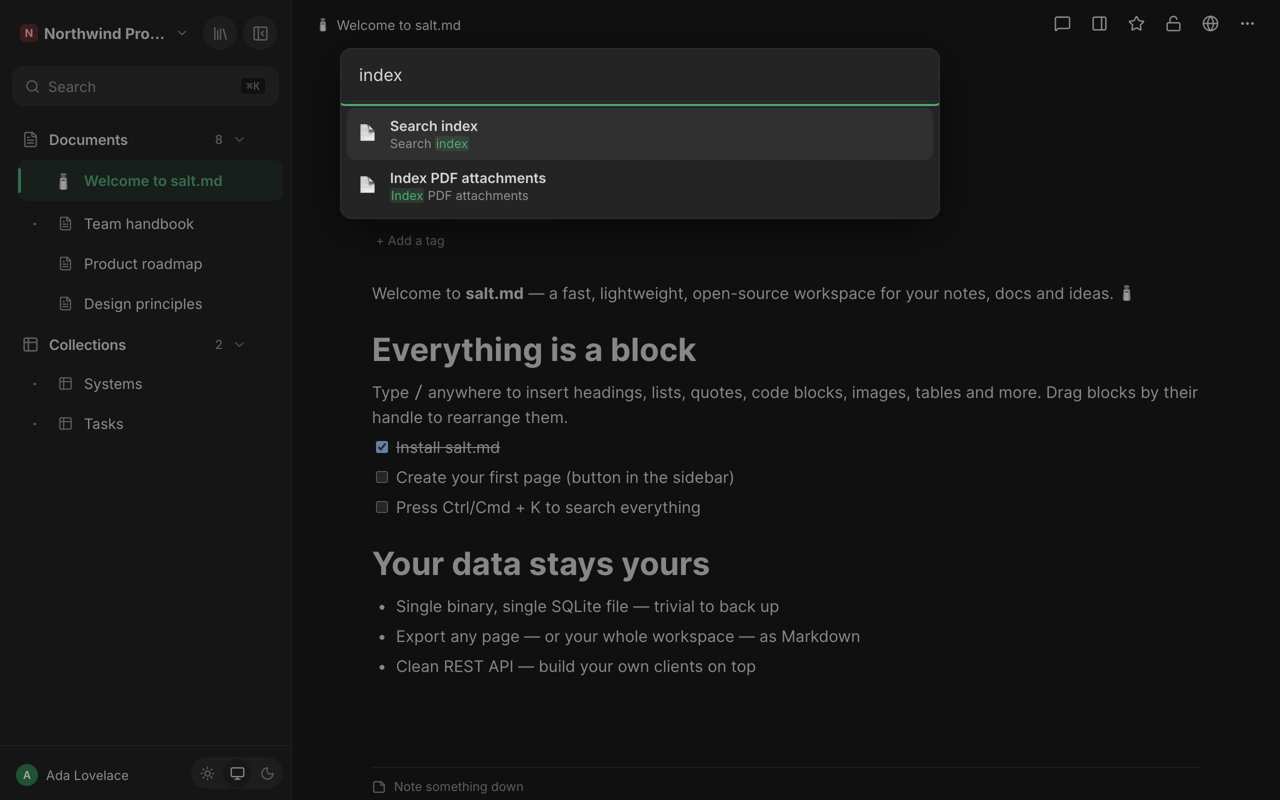 Search opens with Ctrl/Cmd + K and matches page text, file contents and titles.