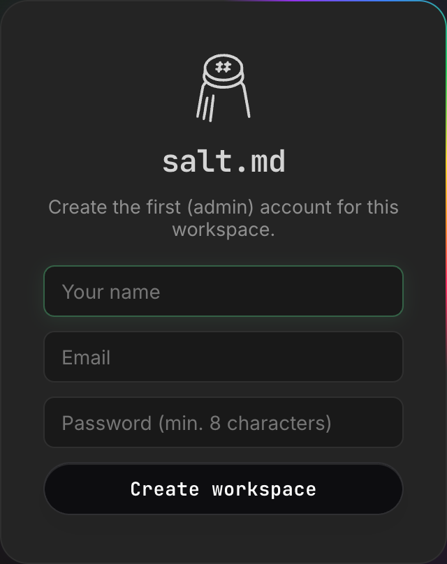 The first screen of a brand new instance: it creates the first account, which is also the owner.