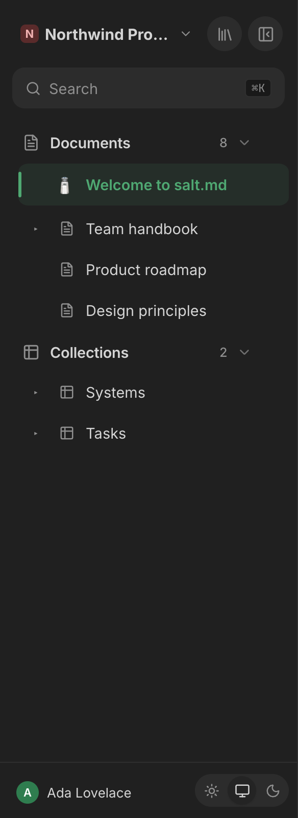 The sidebar: documents and collections in separate sections, each with a count.